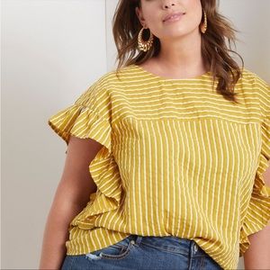 Eloquii Bow Back Stripe Ruffle Top-Mustard Yellow